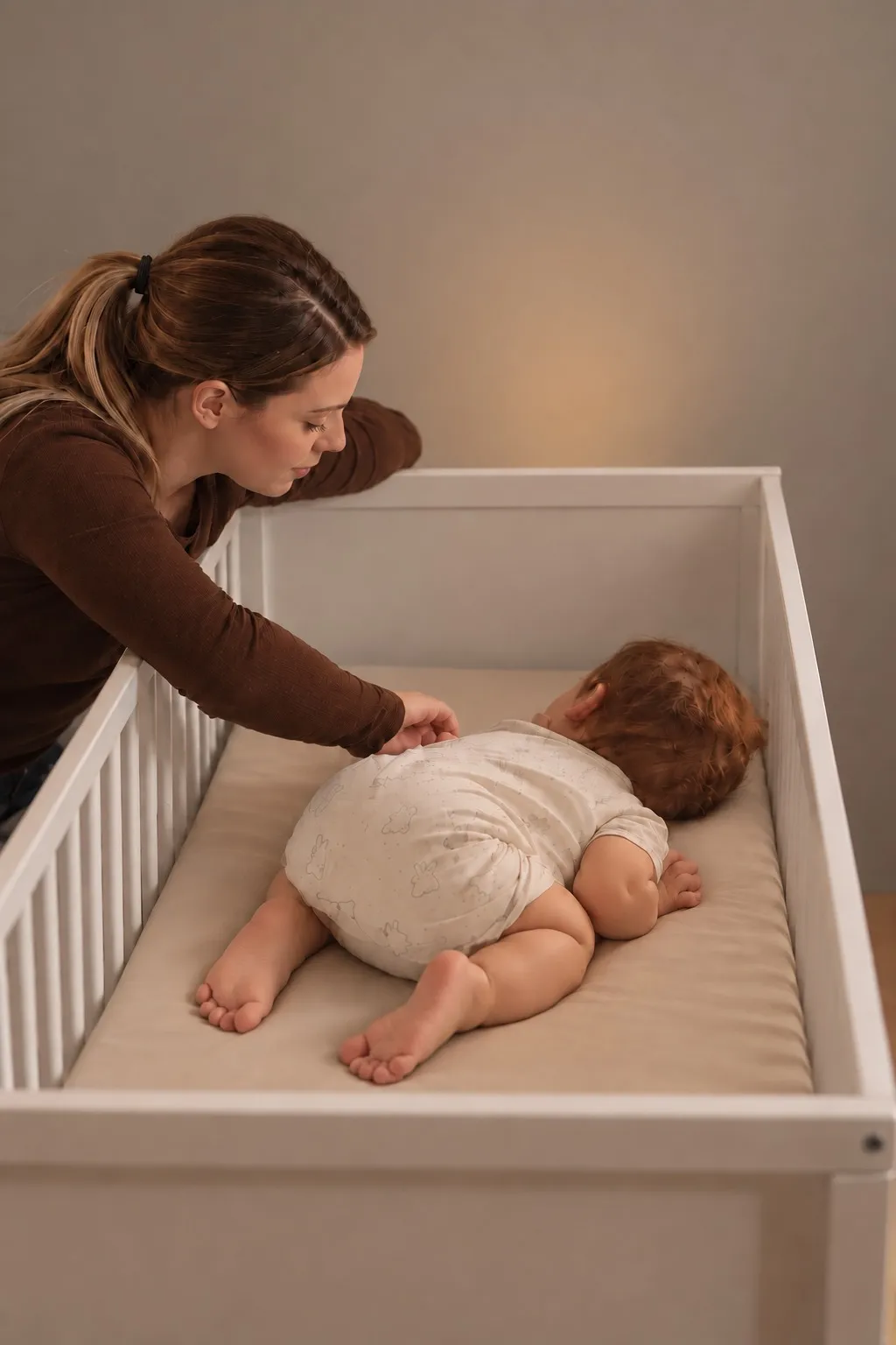 Madre comprobando a su bebé mientras duerme en la cuna